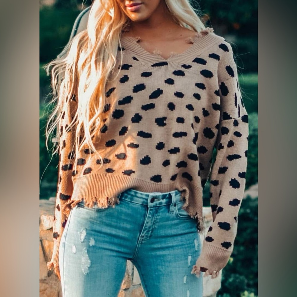 New! Distressed Spotted Leopard Mocha Sweater